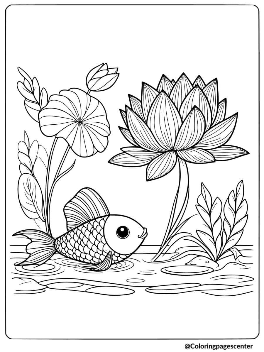 Fish near lotus flowers and water plants coloring page