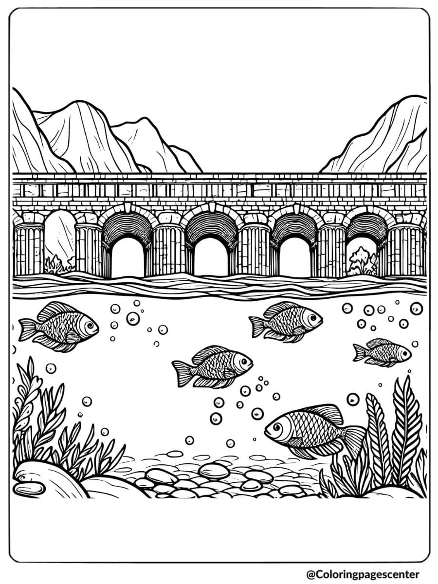 Fish swimming near an ancient stone bridge coloring page