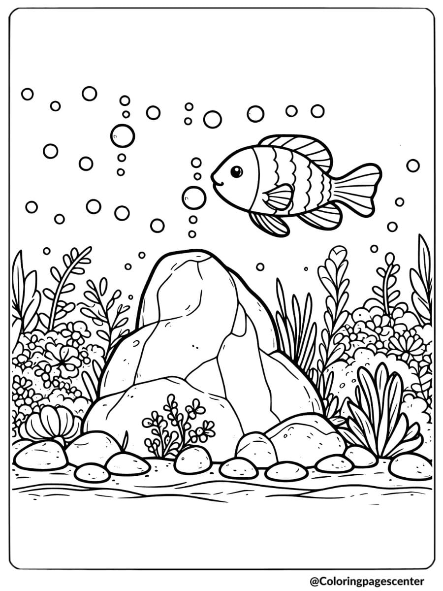 Fish swimming by large rocks and plants coloring page