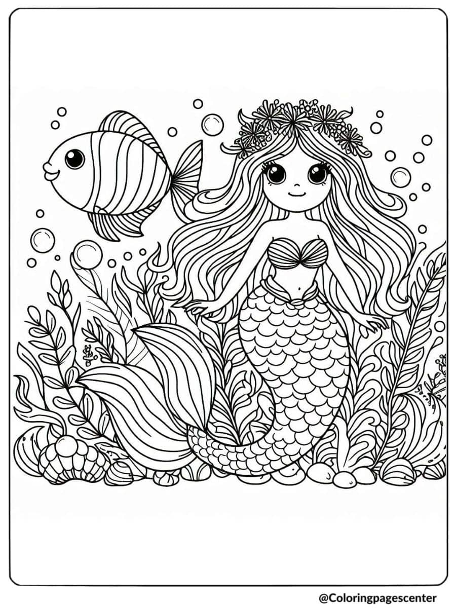 Cute mermaid with fish and coral underwater coloring page