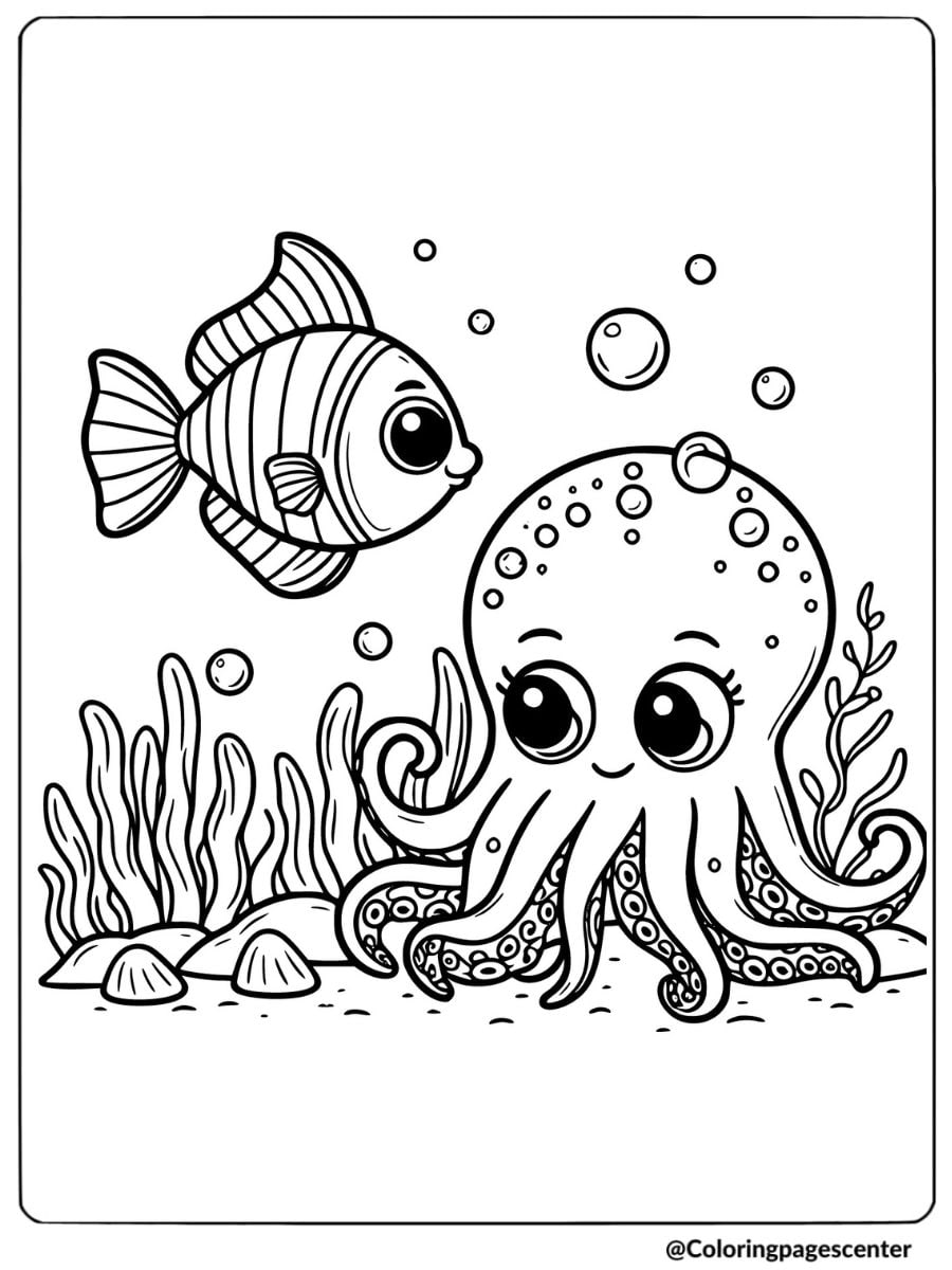 Cute octopus and fish underwater scene coloring page