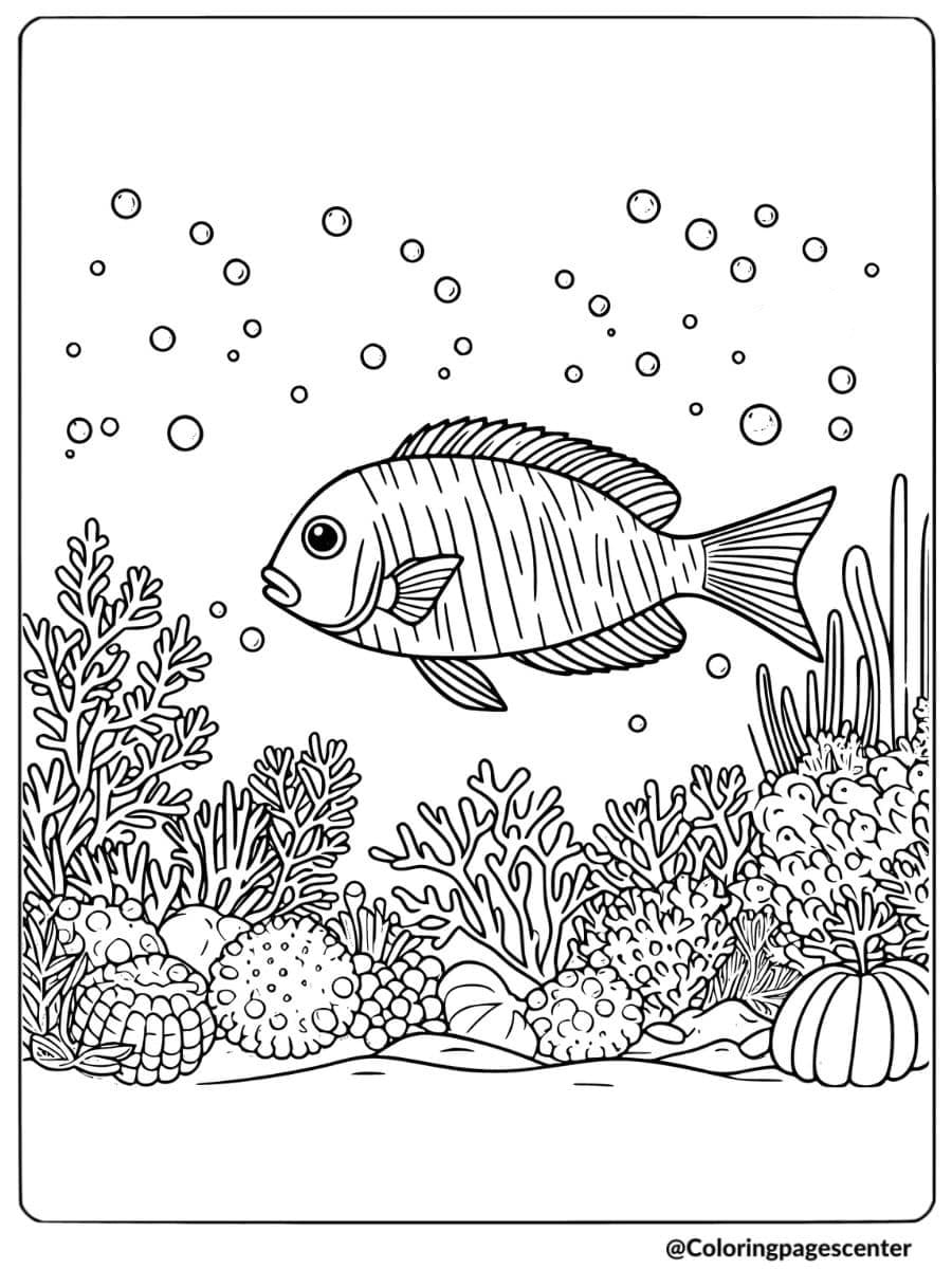 Tropical fish near corals and shells underwater coloring page