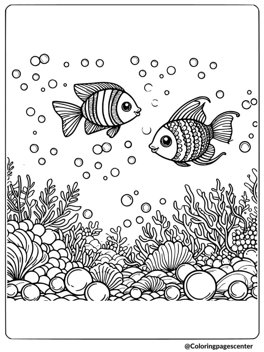 Two fish playing in a colorful coral reef coloring page