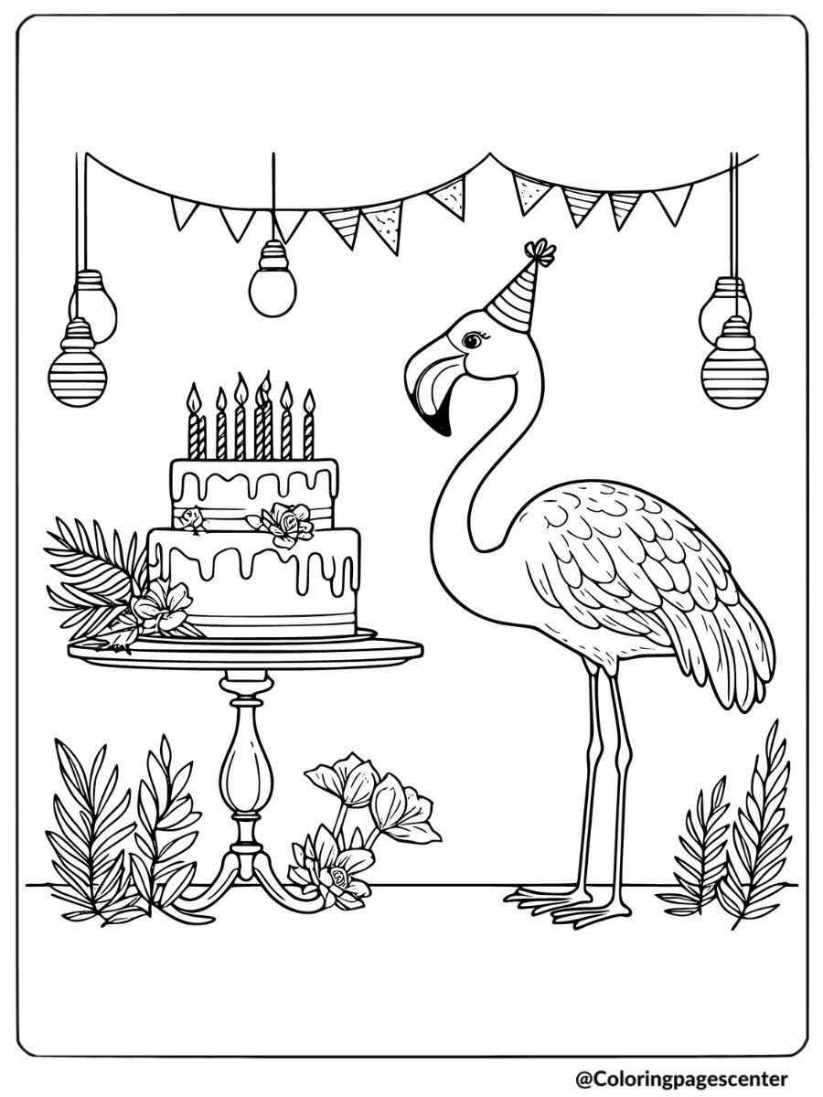 Flamingo with a birthday hat and cake coloring page