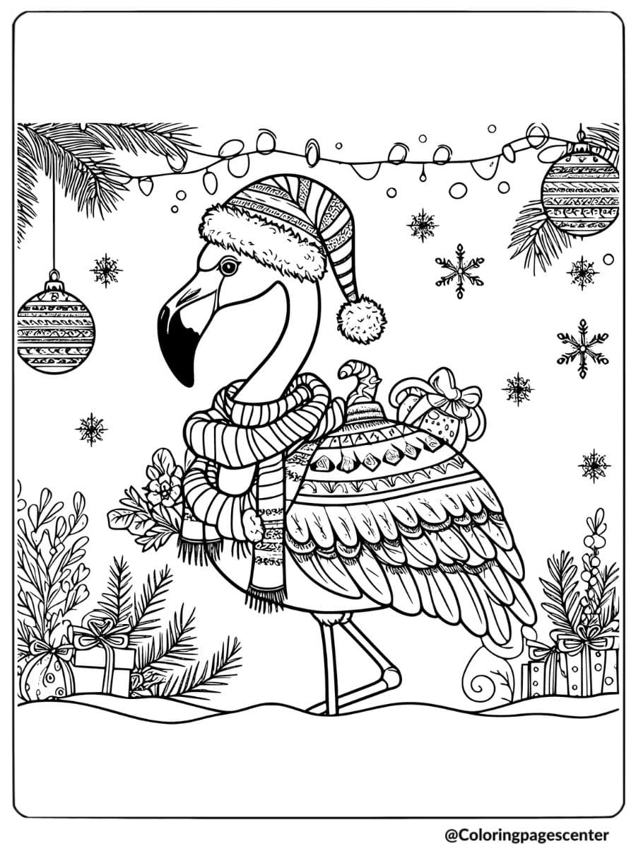 Flamingo dressed in a Christmas sweater and hat coloring page