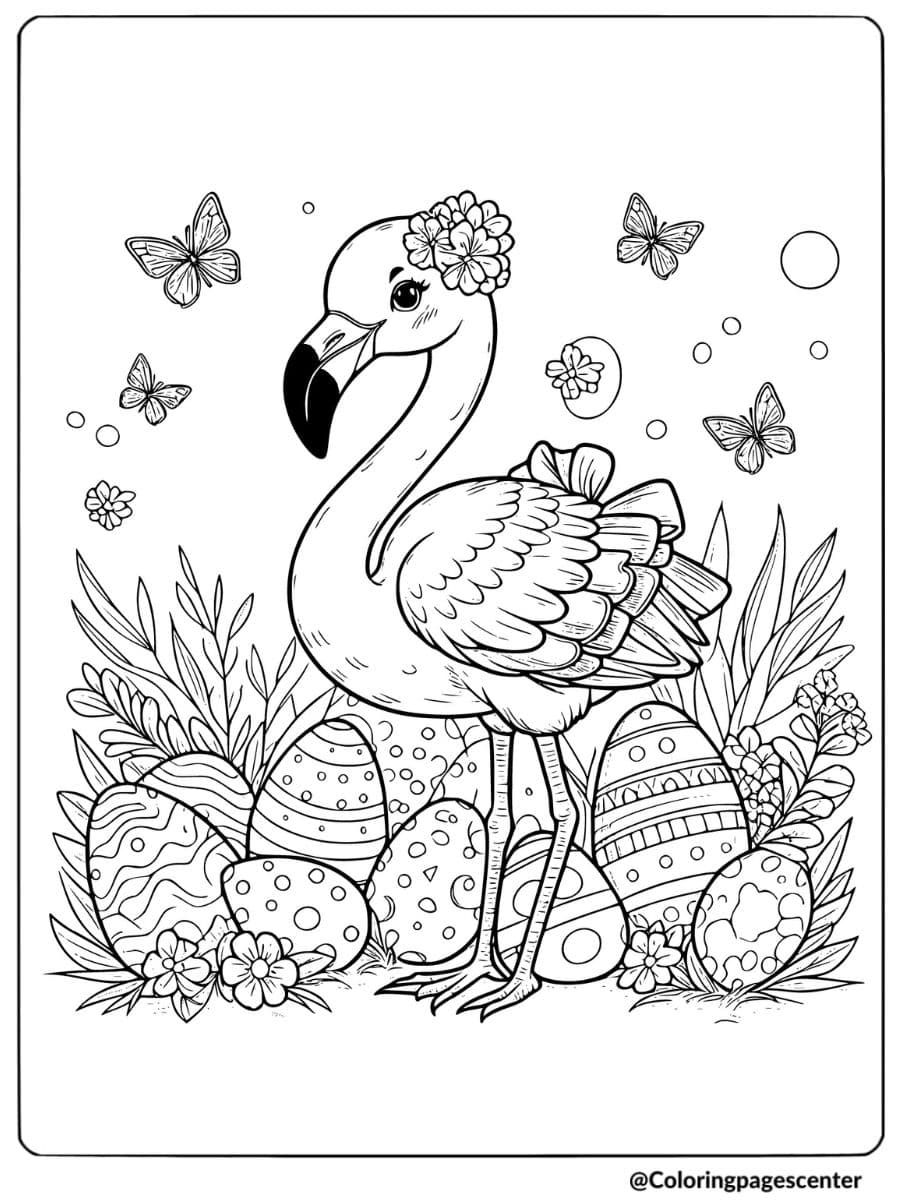 Flamingo standing near Easter eggs and butterflies coloring page