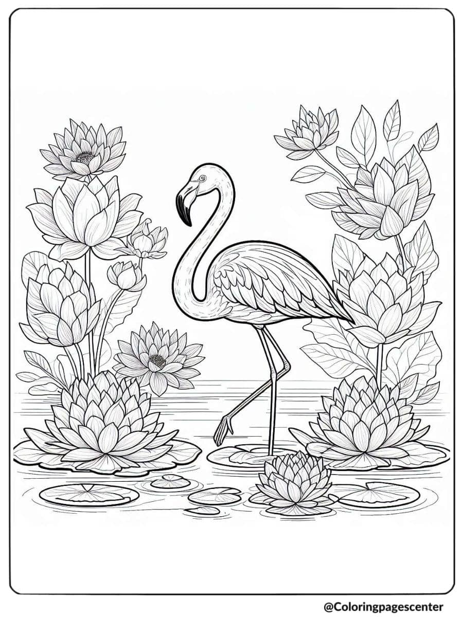 Flamingo standing in water surrounded by lotus flowers coloring page