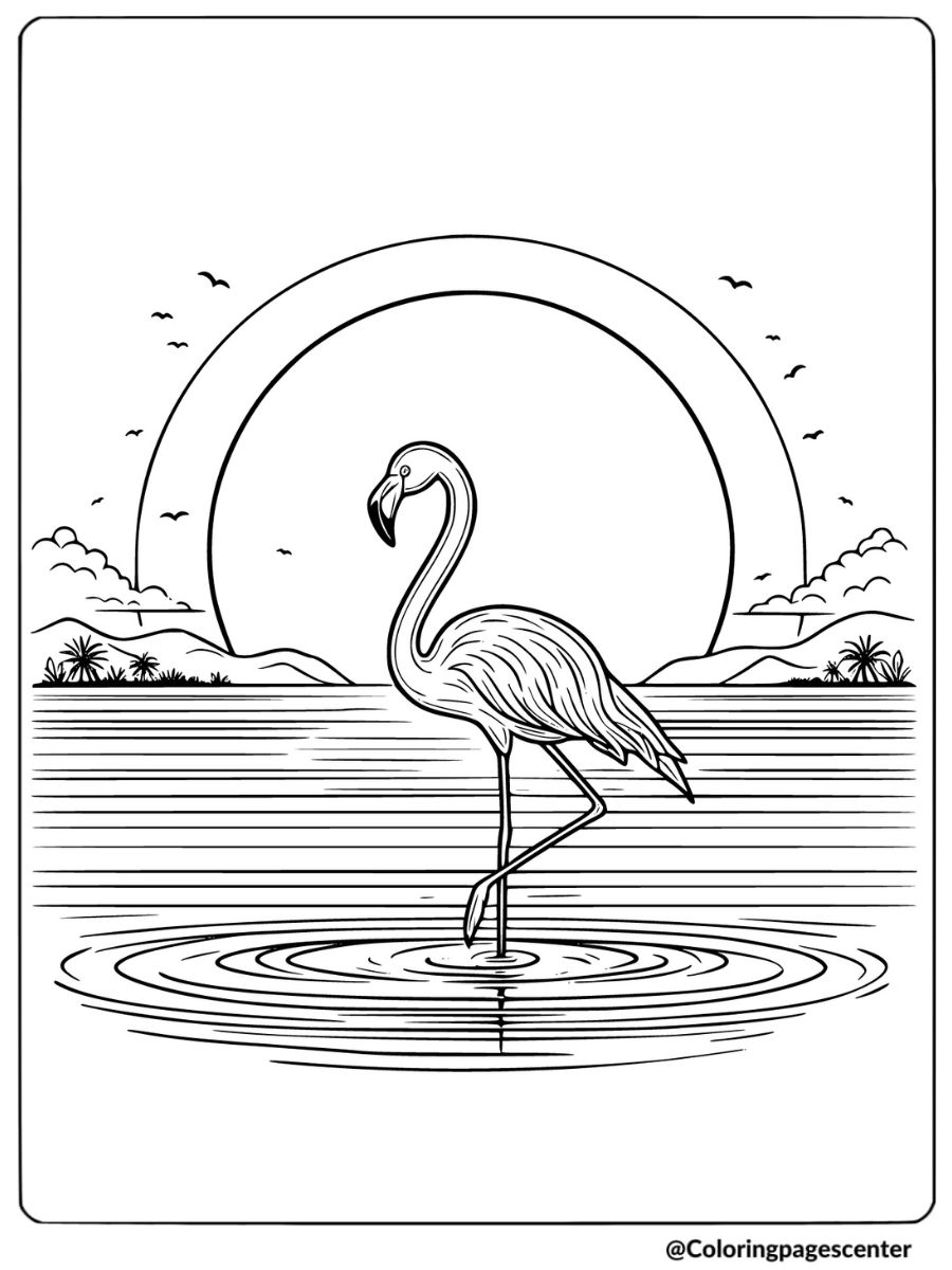 Flamingo standing in a lake at sunset coloring page