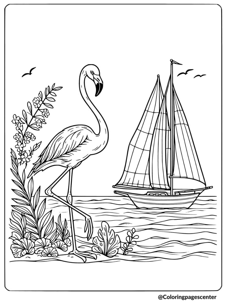 Flamingo standing by the sea with a sailboat coloring page