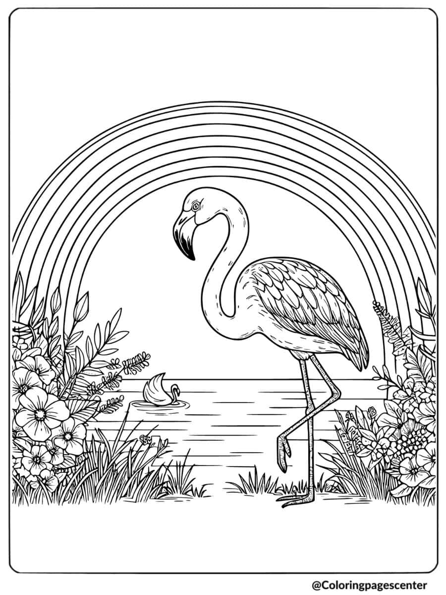 Flamingo standing near a lake under a rainbow coloring page