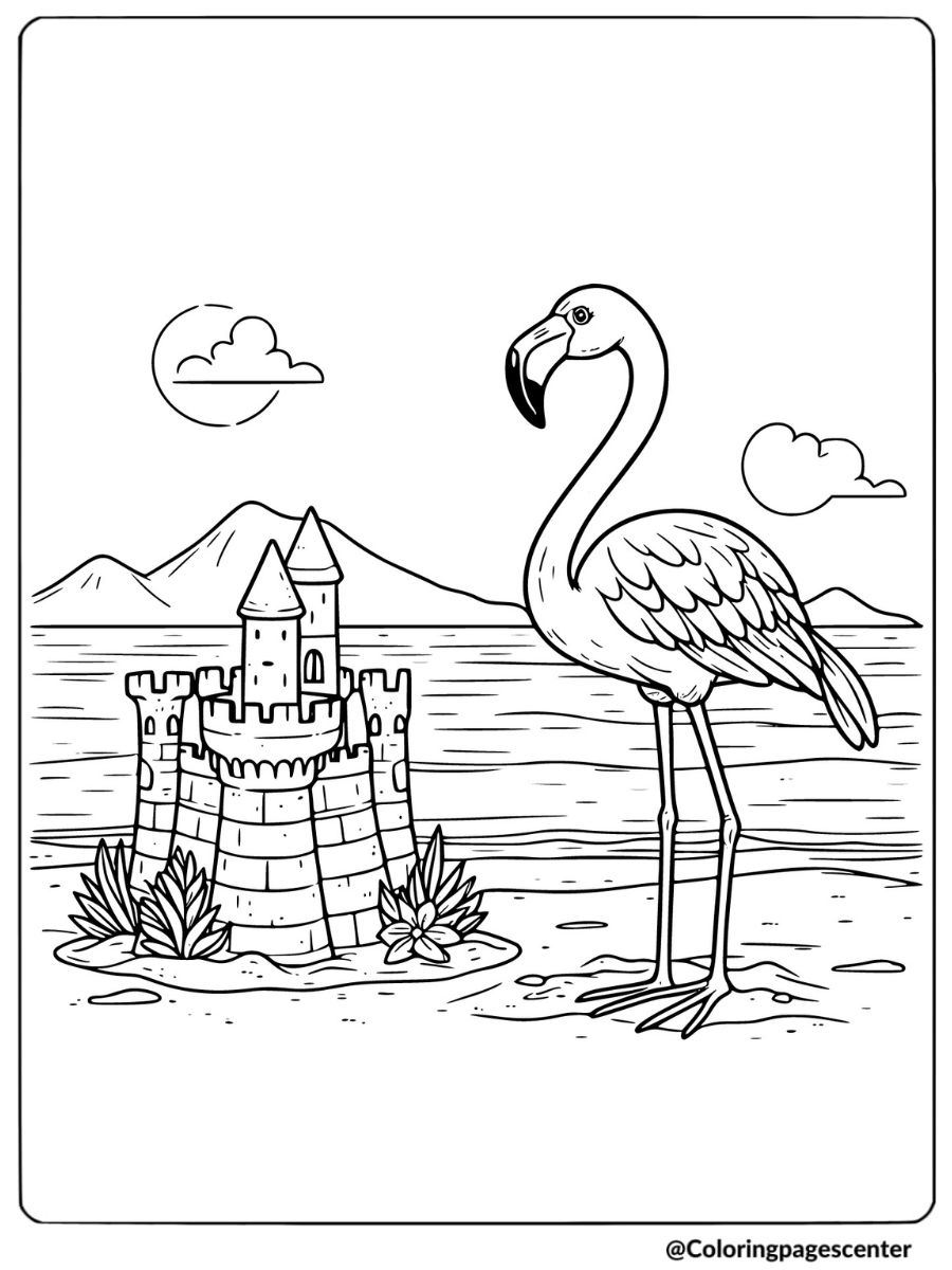 Flamingo standing near a sandcastle by the beach coloring page