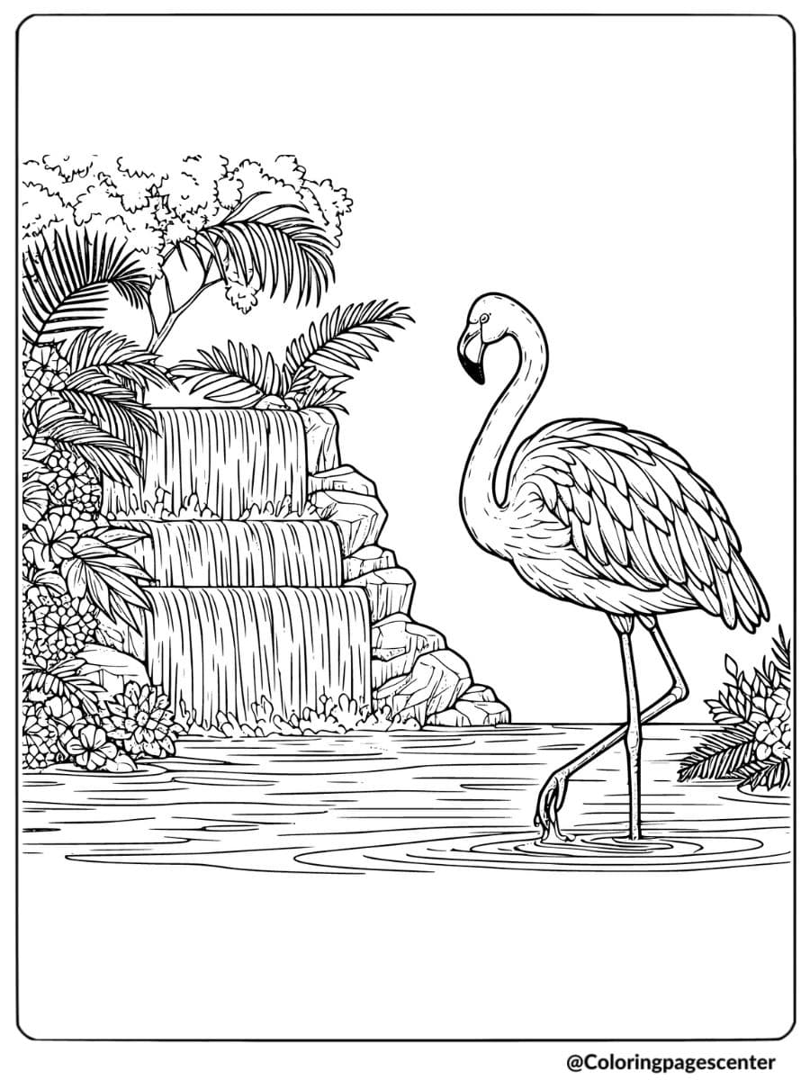 Flamingo near a beautiful waterfall in nature coloring page