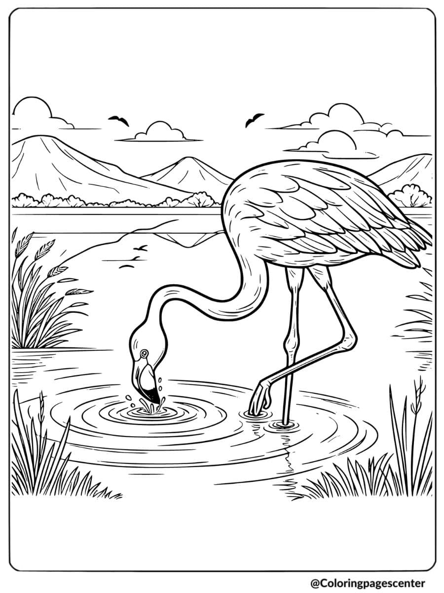 Flamingo drinking water from a lake with mountains coloring page