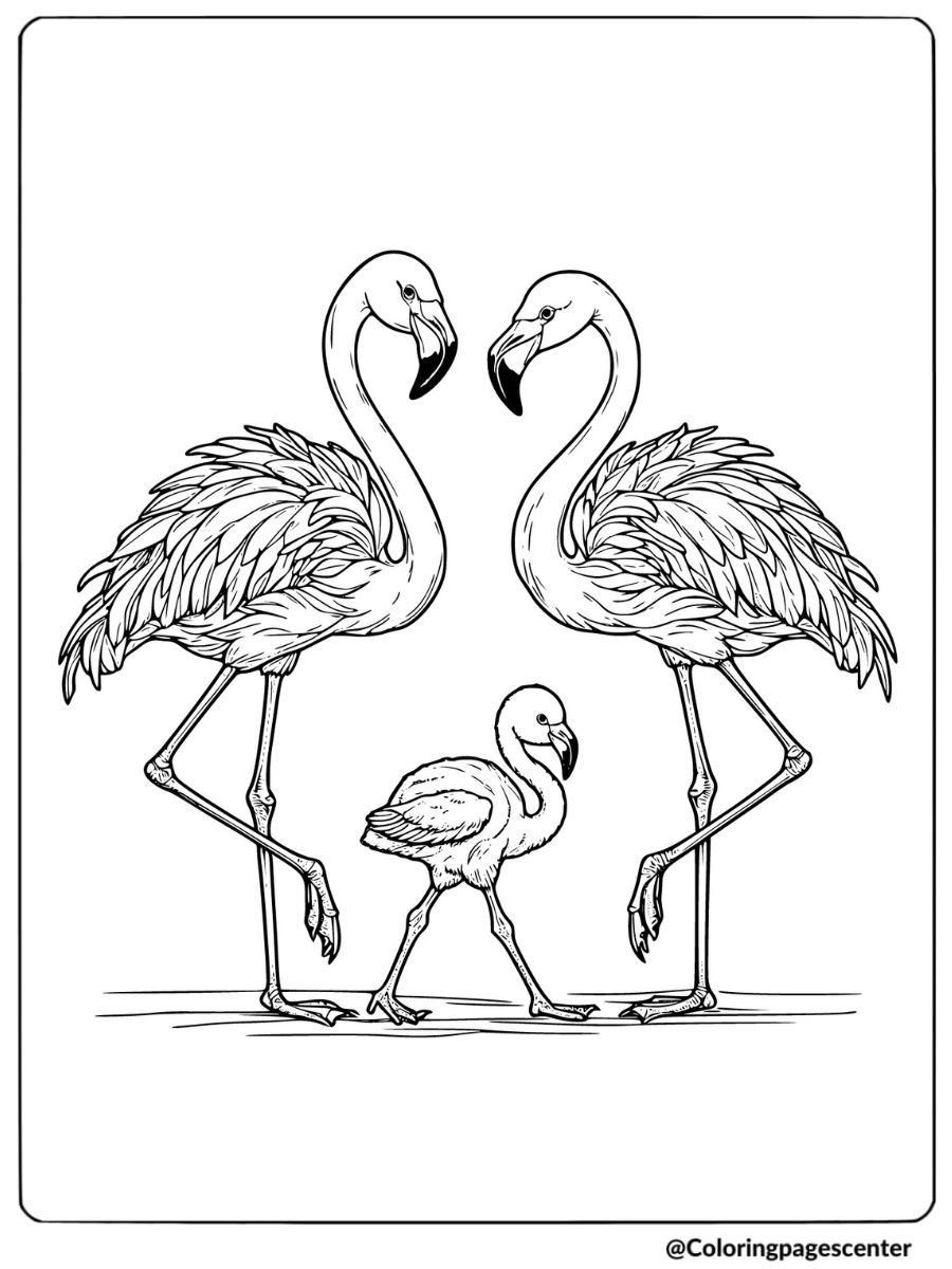 Flamingo family walking with a baby flamingo coloring page