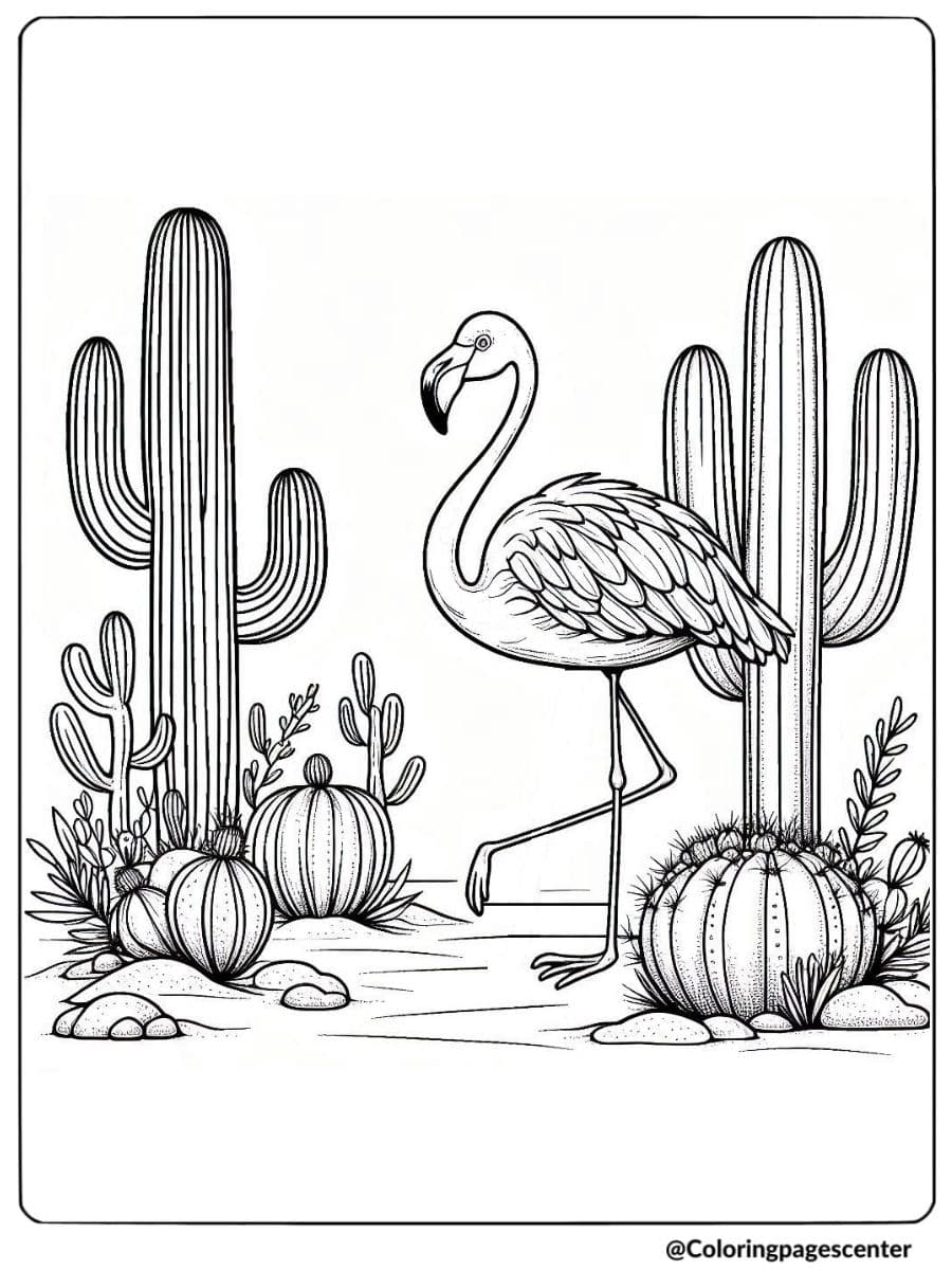 Flamingo walking near cactus in a desert scene coloring page