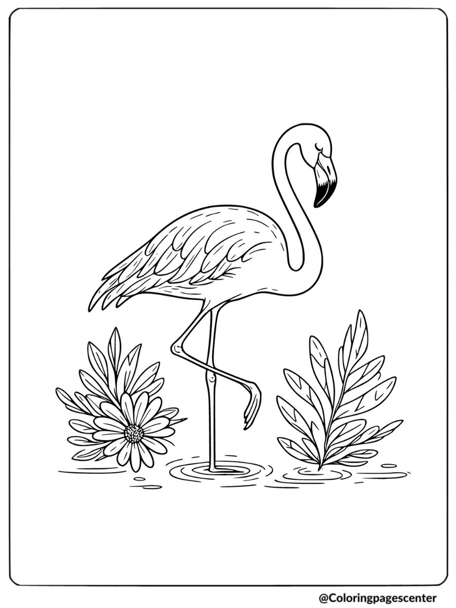 Flamingo standing in a pond with flowers coloring page