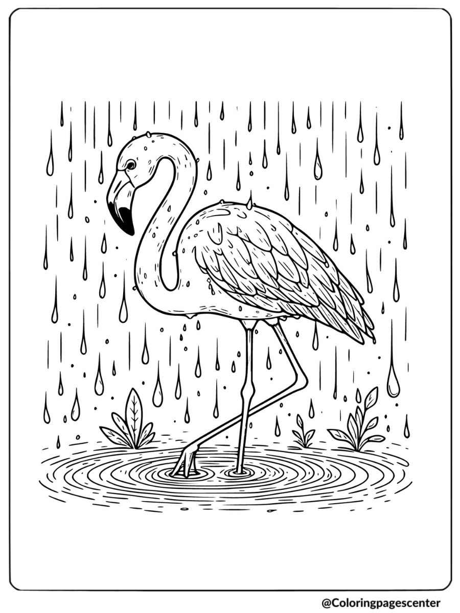 Flamingo walking through rain in a puddle coloring page