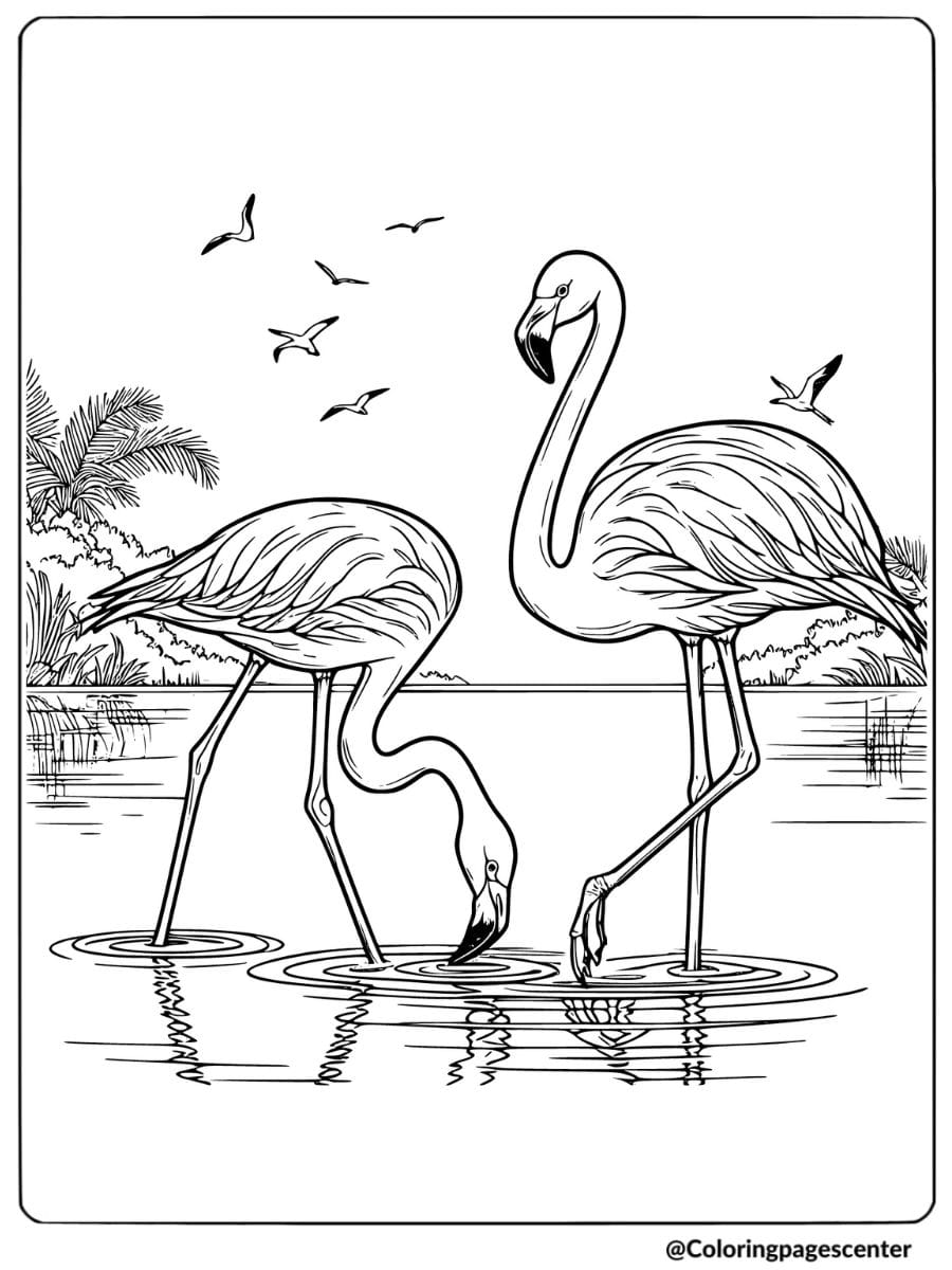 Two flamingos drinking water at a serene lake coloring page