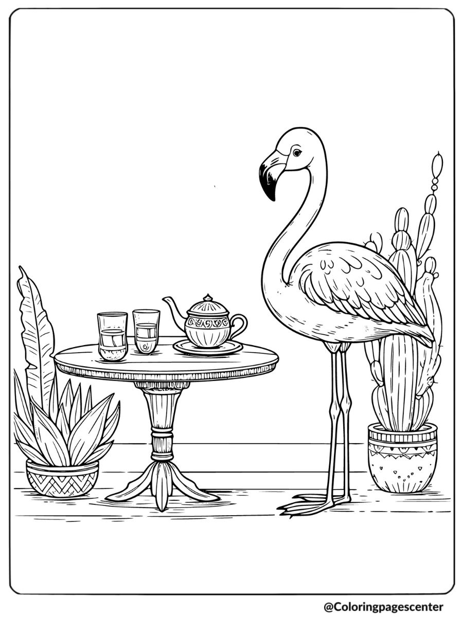 Flamingo standing at a tea table with cups and teapot coloring page