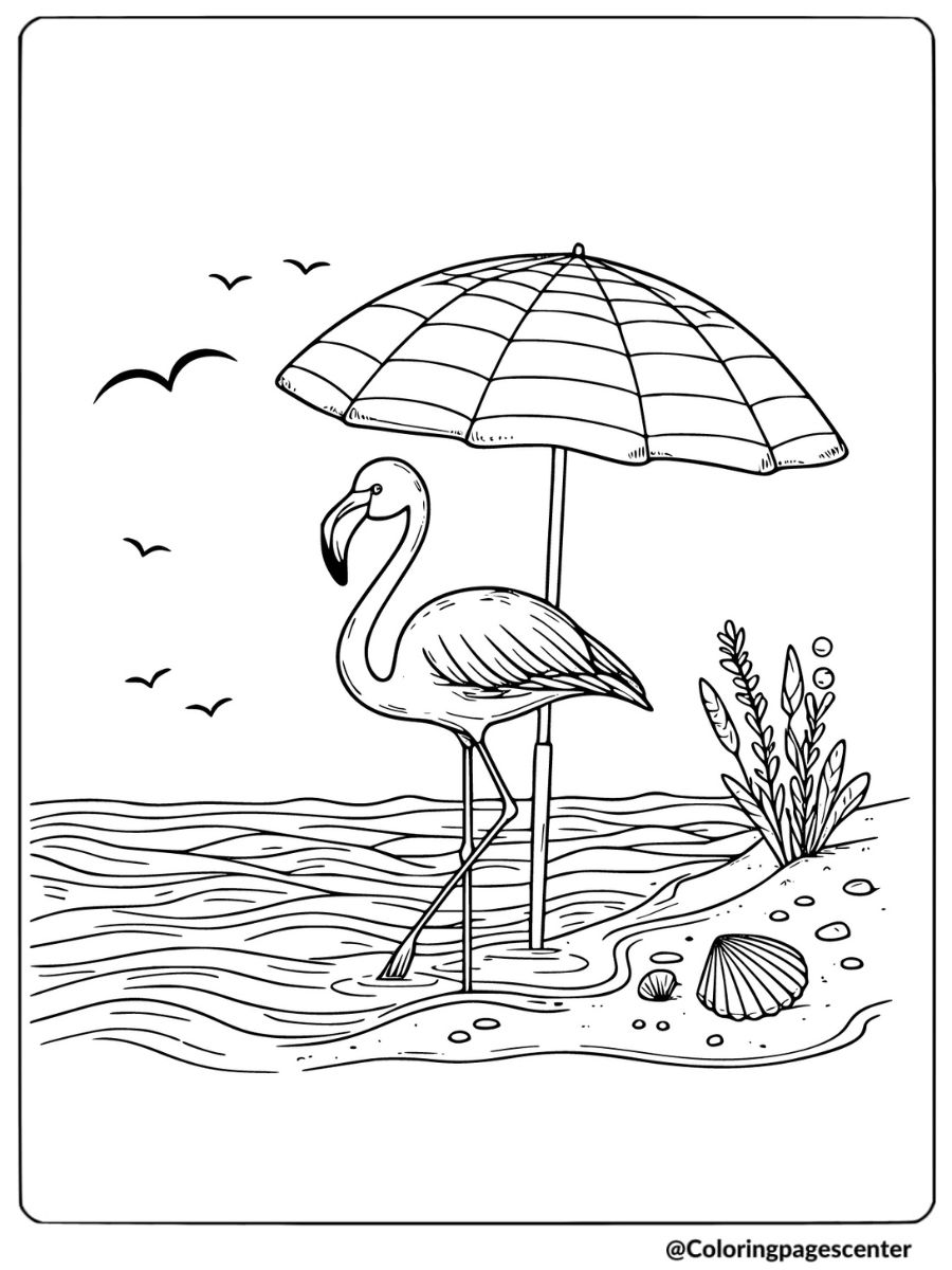 Flamingo relaxing under a beach umbrella coloring page