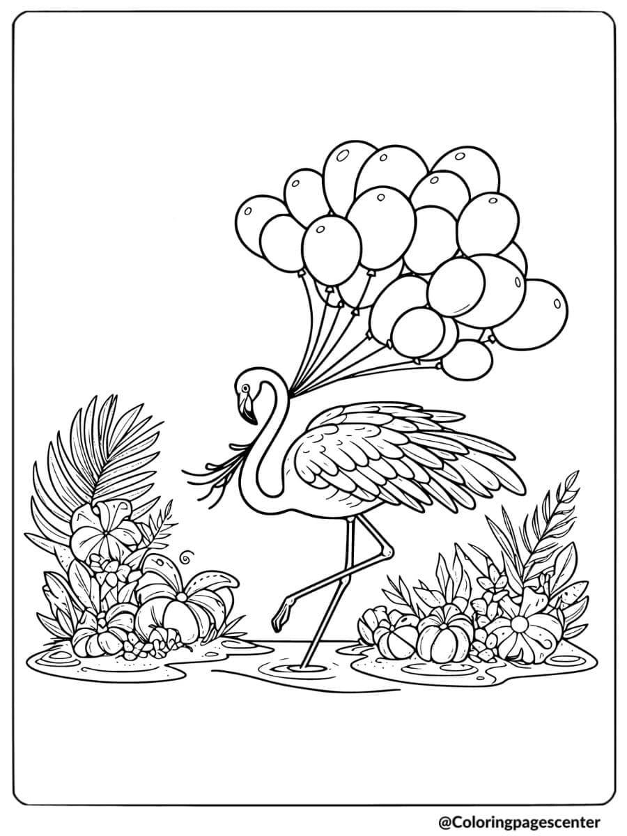 Flamingo walking with balloons tied to its back coloring page