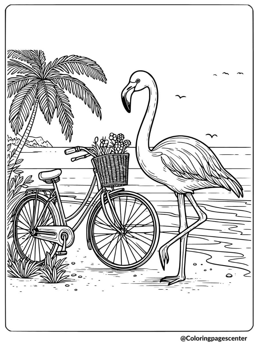 Flamingo walking near a bicycle by the beach coloring page