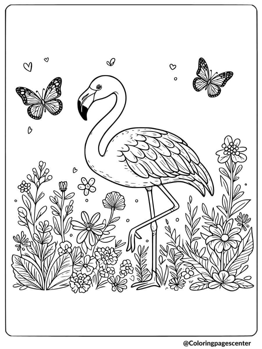 Flamingo with butterflies in a vibrant garden coloring page