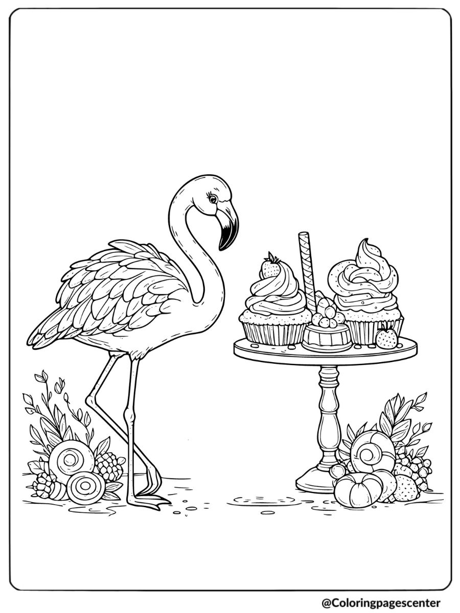 Flamingo standing near a table with cupcakes coloring page