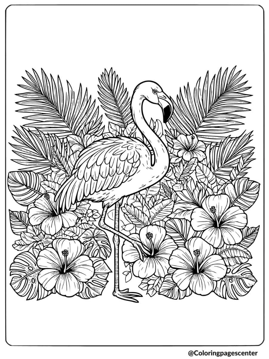 Flamingo standing in front of hibiscus flowers coloring page