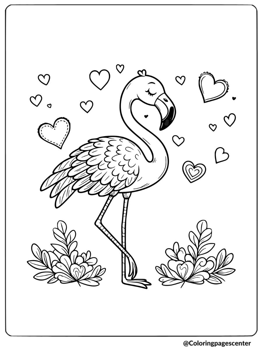 Flamingo surrounded by hearts and love symbols coloring page