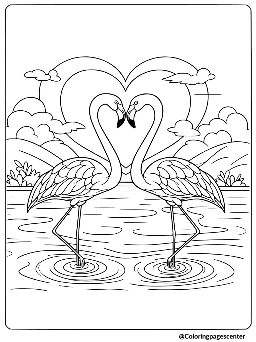 Two flamingos forming a heart with their necks coloring page