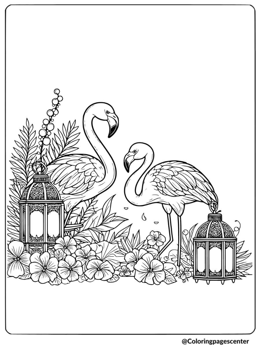 Two flamingos with lanterns in a floral garden coloring page