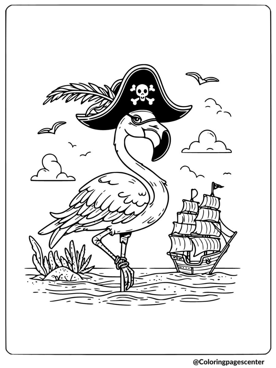 Pirate flamingo on an island with a ship coloring page