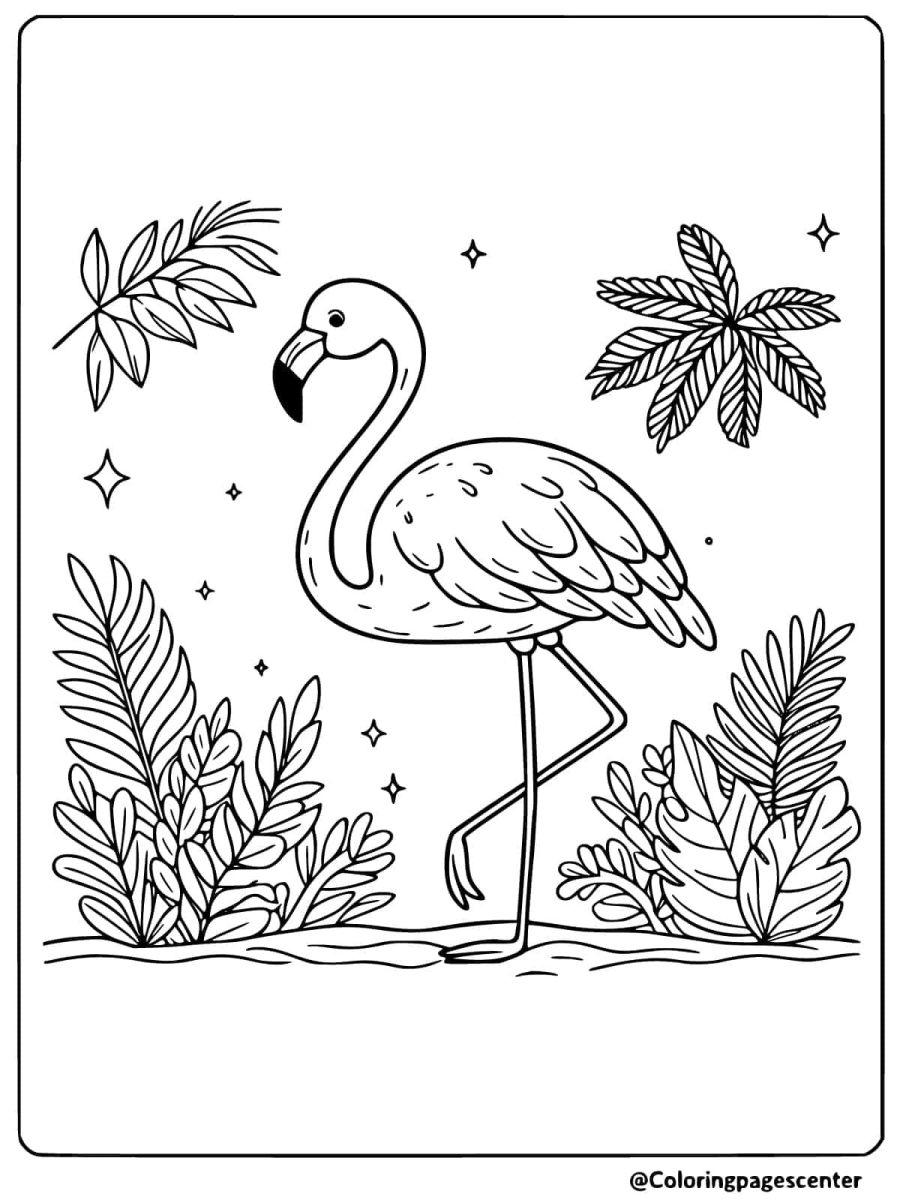 Flamingo walking at night under stars and plants coloring page