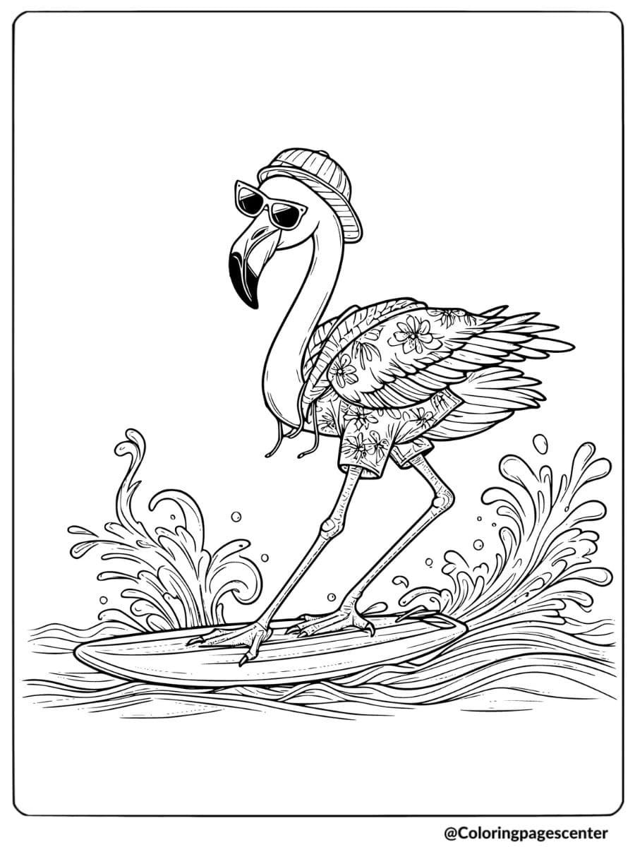 Flamingo surfing on waves wearing sunglasses coloring page