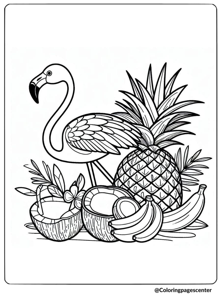 Flamingo next to pineapples and coconuts coloring page