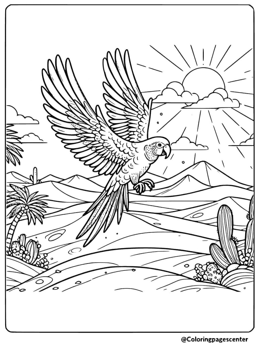 Flying parrot soaring through a desert landscape coloring page