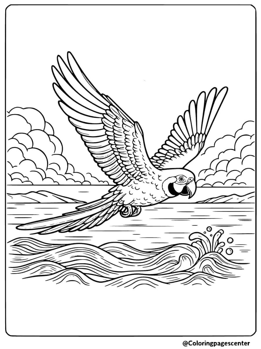 Coloring page of a flying parrot soaring above ocean waves