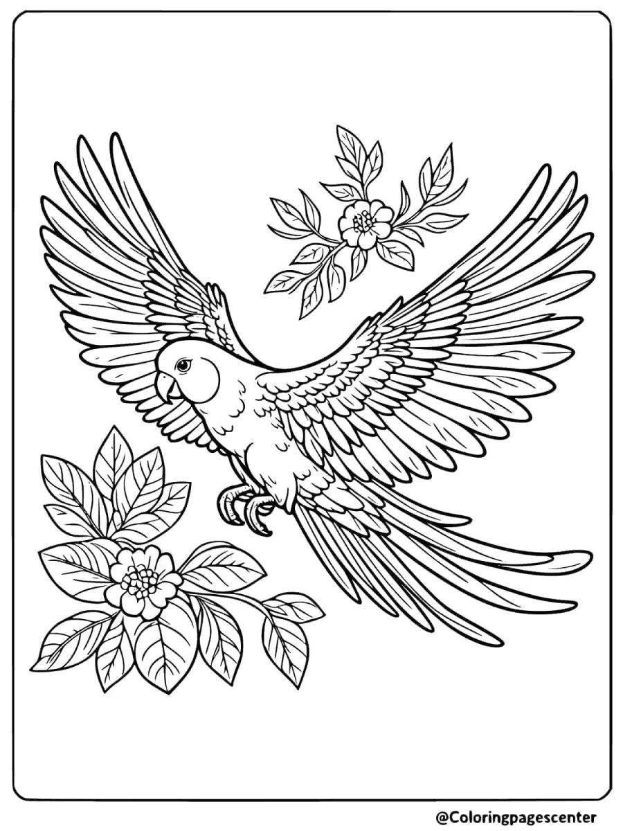 Flying parrot near blooming flowers coloring page