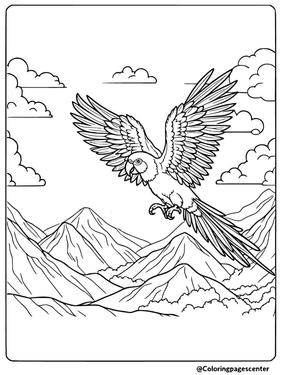 Coloring page featuring a flying parrot over mountains