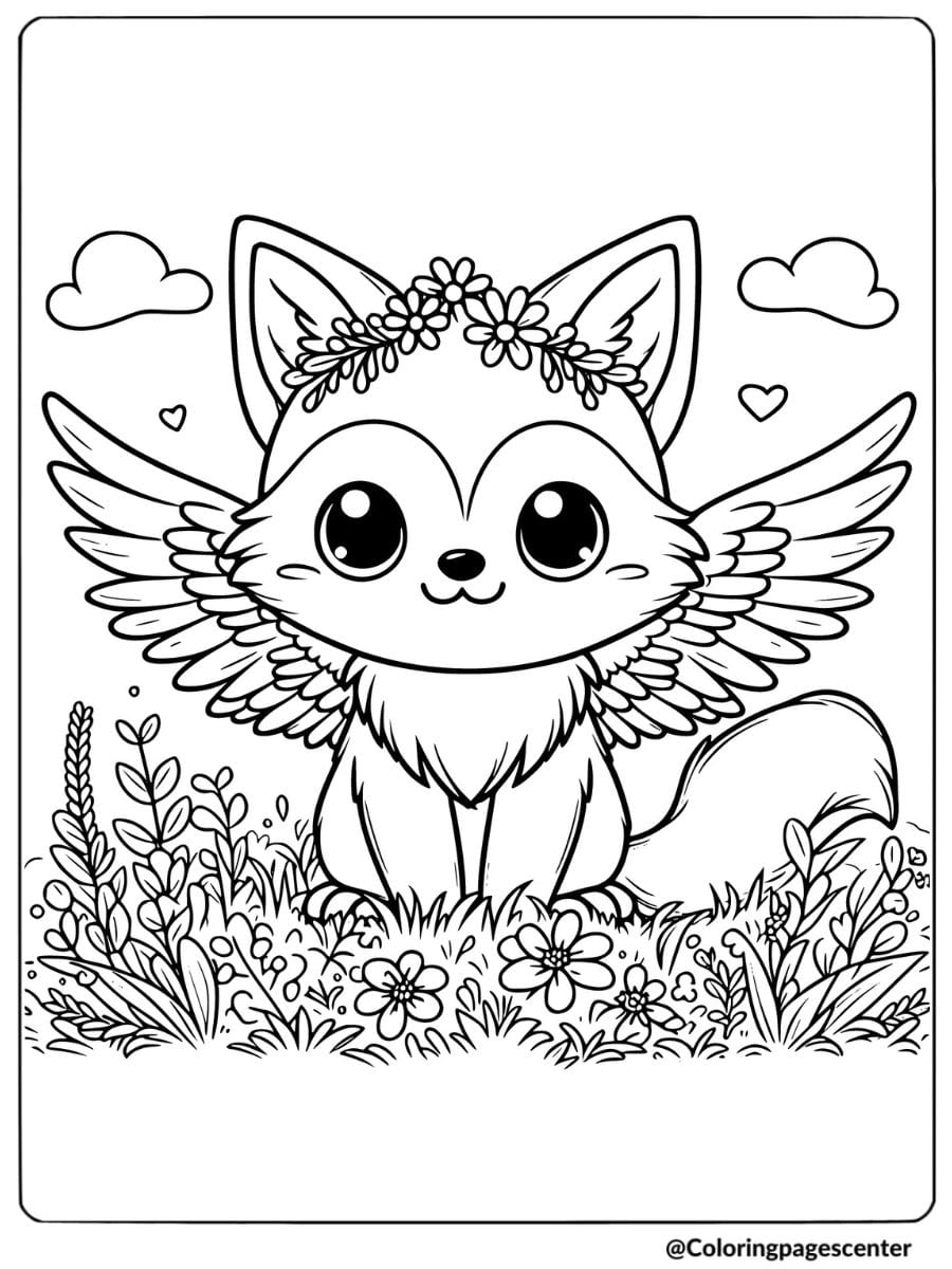 Fox with wings and flower crown in a field coloring page