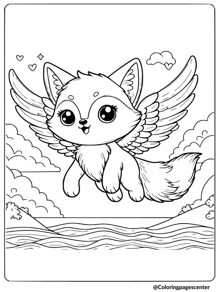 Fox with wings flying over water coloring page