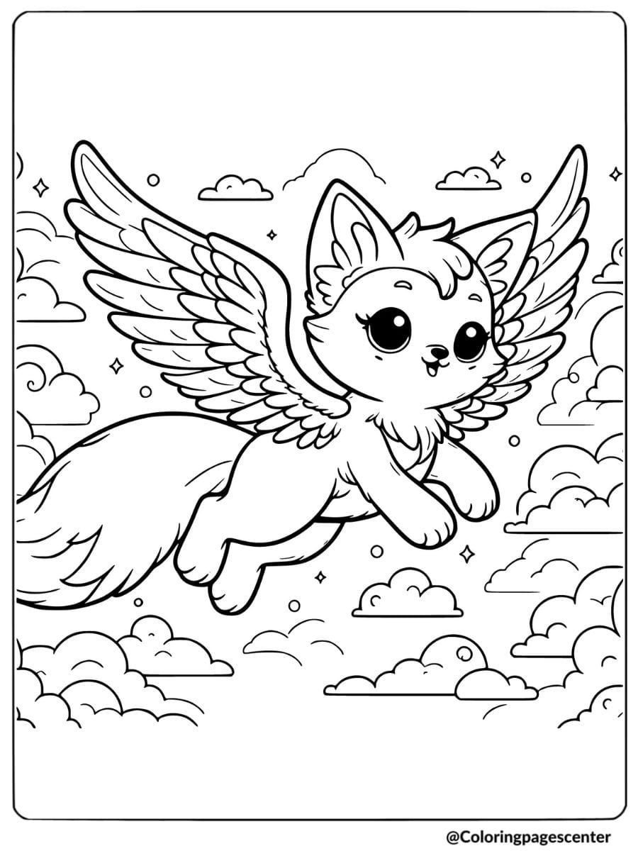 Fox flying among clouds with wings coloring page