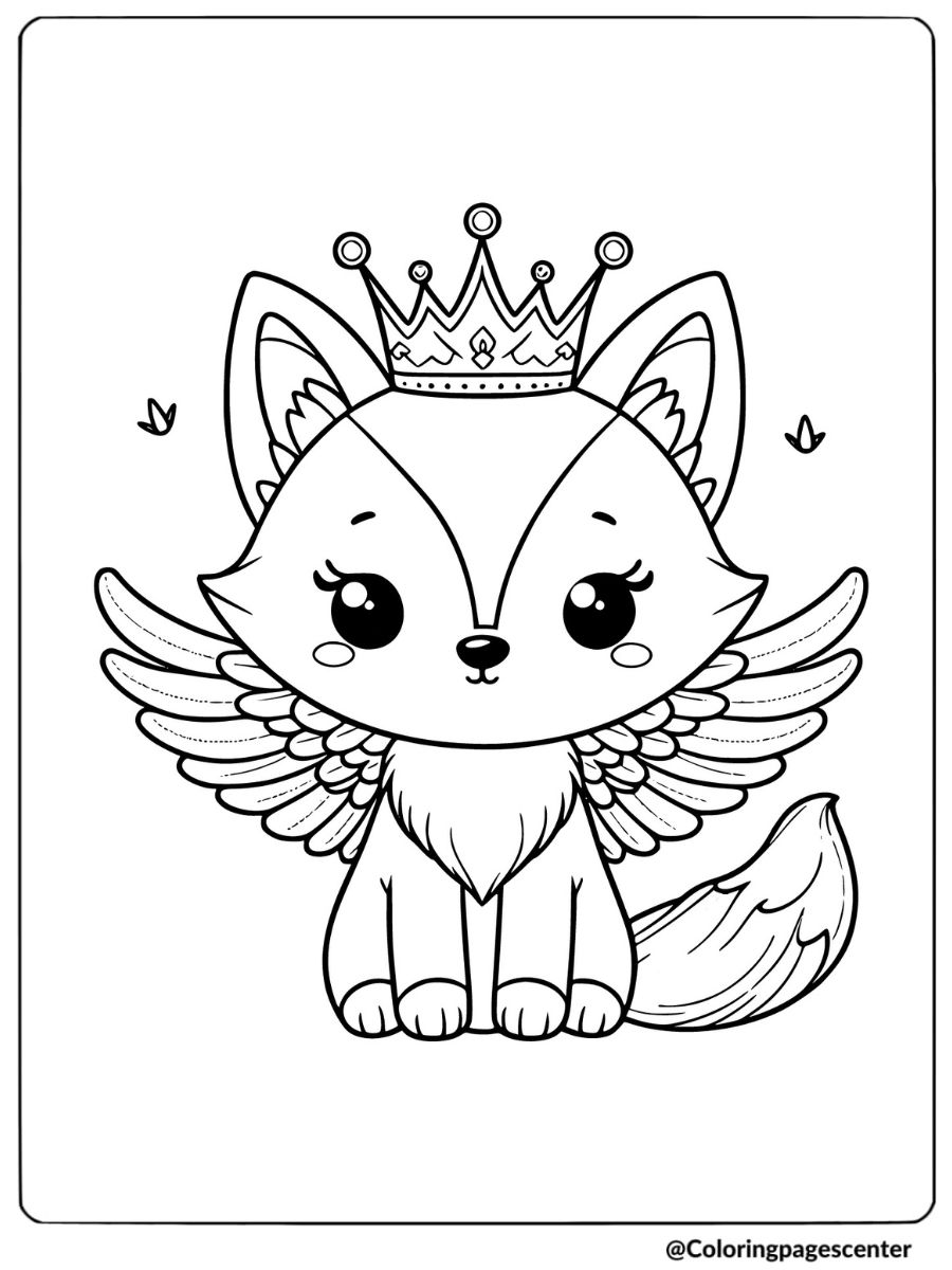 Coloring page of a fox with wings and a crown