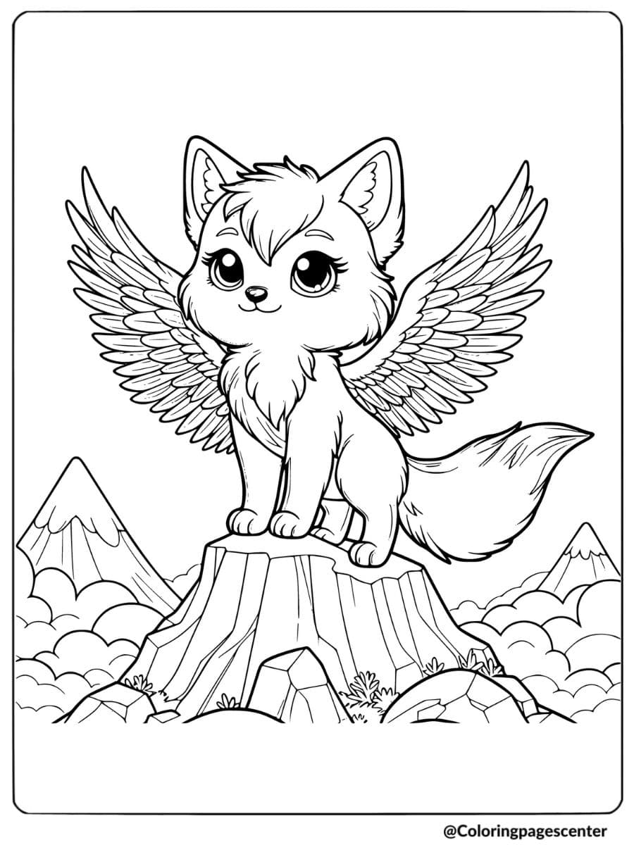 Fox with wings standing on a mountain peak coloring page