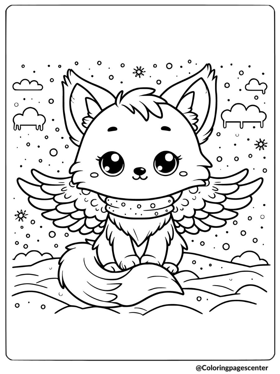 Fox with wings in a snowy landscape coloring page