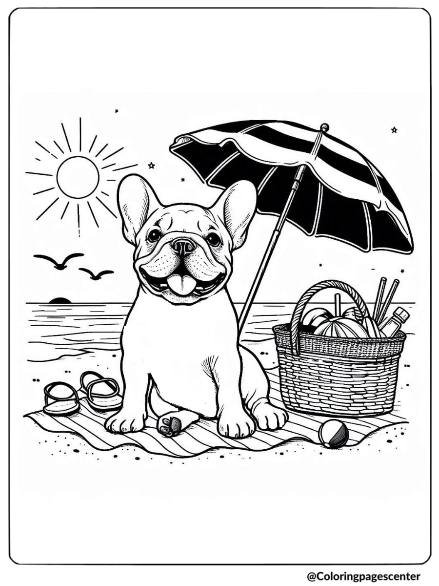 Relaxing French Bulldog at the beach in a playful coloring page