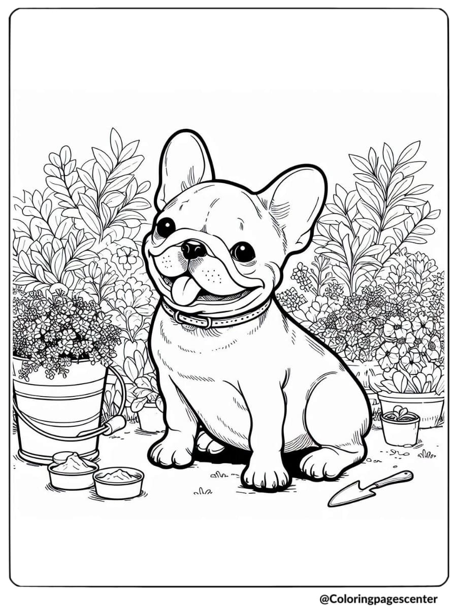 Cute French Bulldog with gardening tools coloring page