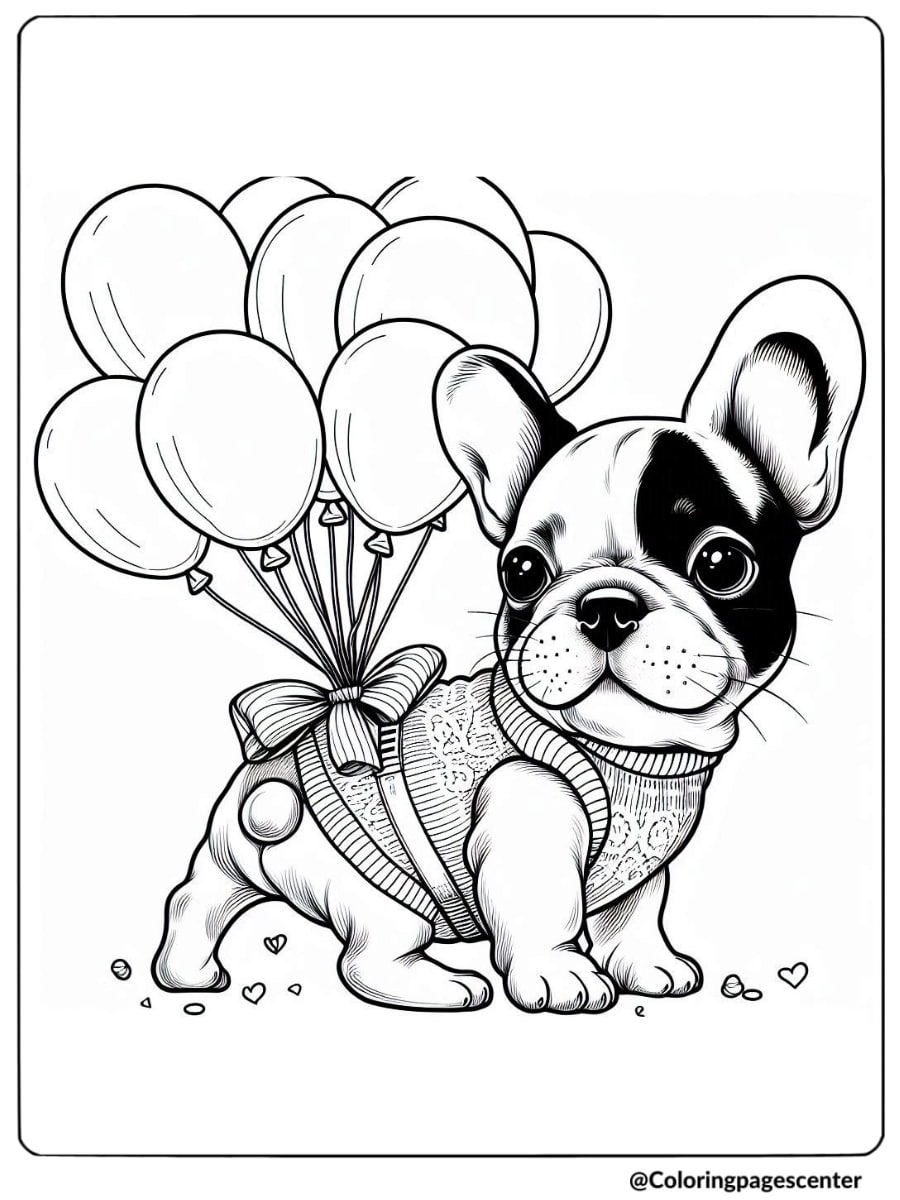 Adorable French Bulldog holding balloons coloring page