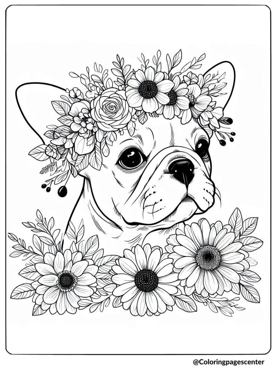 Beautiful French Bulldog with a flower crown coloring page